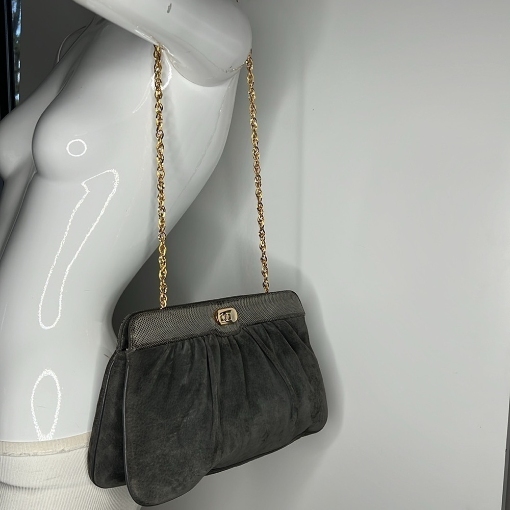 Gray Grey Suede Python Snakeskin Shoulder Clutch … - image 7